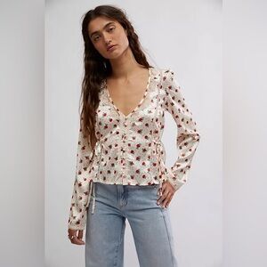 Free People Field of Roses Floral Long Sleeve Button Front Top Sz Large